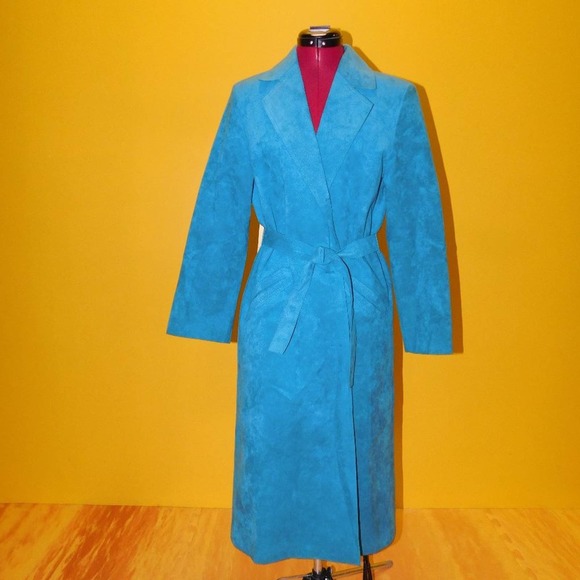 Rare Vintage 70s Teal Ultra Suede Adolph Shuman for Lilli Ann Long Trench Medium